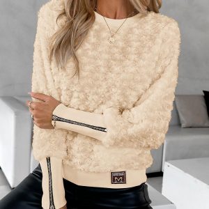 Floral Pattern Fuzzy Zipper Design Top, T-shirt & Tees, chicme - Women's Fashion Online