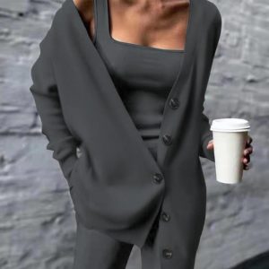 Tank Top & Pants Set With Buttoned Cardigan, Two-piece Sets, chicme - Women's Fashion Online
