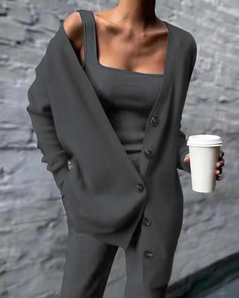 Tank Top & Pants Set With Buttoned Cardigan, Two-piece Sets, chicme - Women's Fashion Online