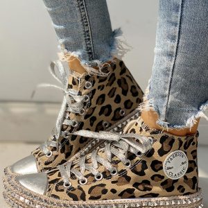Leopard Print Studded Decor Eyelet Lace-up Sneakers, Sneakers, chicme - Women's Fashion Online