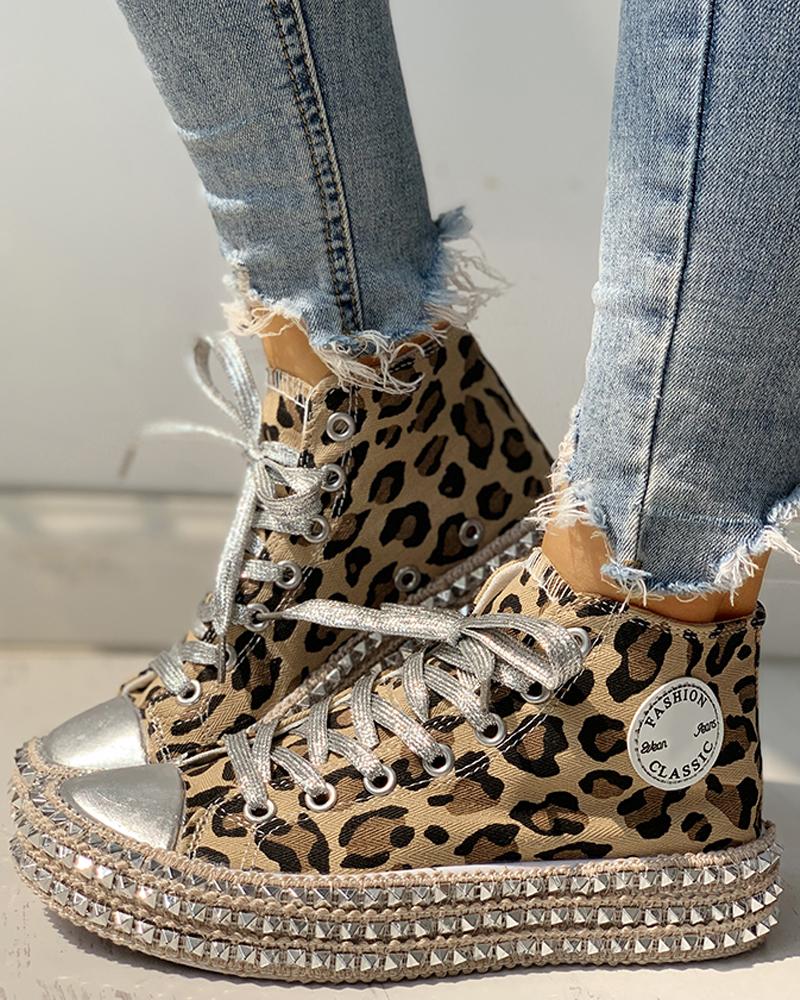 Leopard Print Studded Decor Eyelet Lace-up Sneakers, Sneakers, chicme - Women's Fashion Online