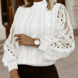 Crochet Lace Lantern Sleeve Knit Sweater, Sweaters & Cardigans, chicme - Women's Fashion Online