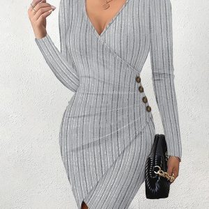Plunge Ruched Asymmetrical Wrap Bodycon Dress, Bodycon Dresses, chicme - Women's Fashion Online