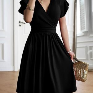 Women Plain V Neck Half Sleeve Comfy Casual Midi Dress, Dresses, color:Black|size:XL, Noracora