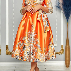Elegant Regular Fit V neck Three Quarter Sleeve Maxi Dress With Belt, Midi Dresses, color:Orange|size:XXL, Stylewe