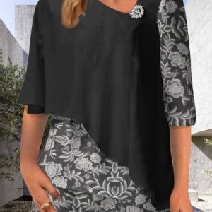 Asymmetrical Cap Sleeve Plain Lace Regular High Elasticity Loose Blouse For Women, Blouses, color:Black|size:XXL, Noracora