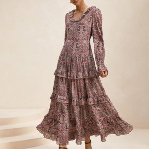 Women Ethnic V Neck Long Sleeve Comfy Boho Maxi Dress, Dresses, color:Brown|size:XXL, Noracora