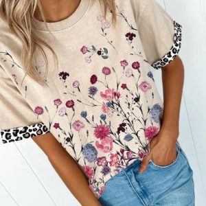 Short Sleeve Crew Neck T-shirt, T-shirts, color:Apricot|size:3XL, Noracora