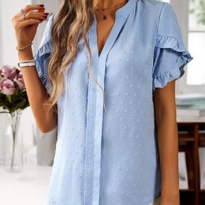 V Neck Short Sleeve Plain Regular Loose Shirt For Women, Blouses, color:Blue|size:XL, Noracora