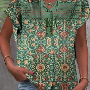 Cross Neck Short Sleeve Ethnic Patterns Lace Regular Loose Blouse For Women, Blouses, color:Green|size:XXL, Noracora
