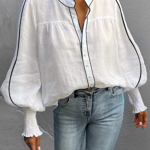 Loose Urban Color Block Long sleeve Stand Collar Blouse, Blouses and Shirts, color:White|size:XXL, Stylewe