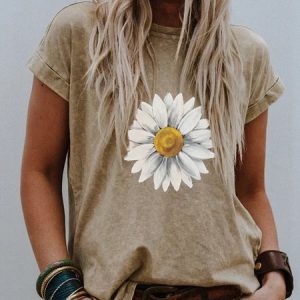 Crew Neck Short Sleeve Floral-Print Casual T-shirt, T-shirts, color:Khaki|size:XXL, catalog Noracora shop