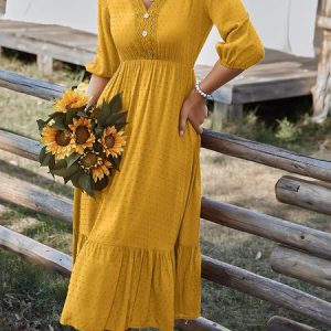 Women Plain V Neck Three Quarter Sleeve Comfy Casual Buckle Midi Dress, Dresses, color:Yellow|size:XL, Noracora