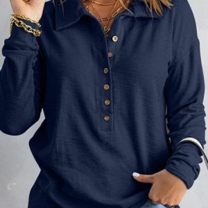 Navy Button Front Long Sleeve Henley Top, T-shirts, color:Navyblue|size:XXL, Noracora