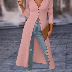 Long Sleeve Buttoned Ribbed Longline Top, Blouses & Shirts, chicme - Women's Fashion Online
