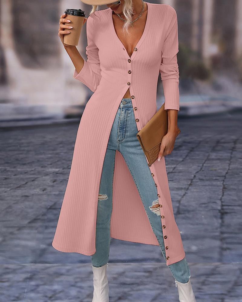 Long Sleeve Buttoned Ribbed Longline Top, Blouses & Shirts, chicme - Women's Fashion Online