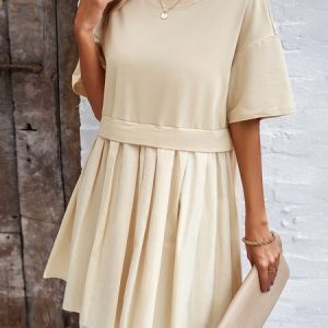 Women Plain Crew Neck Short Sleeve Comfy Casual Short Dress, Dresses, color:Apricot|size:XL, Noracora