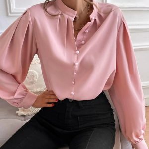 Stand Collar Long Sleeve Plain Regular Loose Blouse For Women, Blouses, color:Pink|size:XXL, Noracora