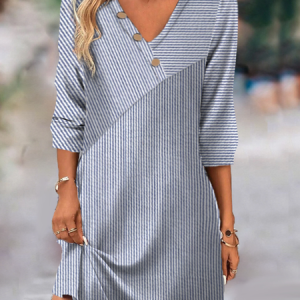 Women Striped V Neck Short Sleeve Comfy Casual Short Dress, Short, color:Blue|size:XXL, Noracora