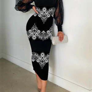 High Elasticity Turtleneck Color Block Long Sleeve Elegant Maxi Dress, Maxi Dresses, color:Black|size:XXL, Stylewe
