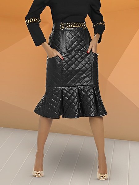 Urban Plain Regular Fit Faux Leather Midi Skirt, Skirts, color:Black|size:XXL, Stylewe