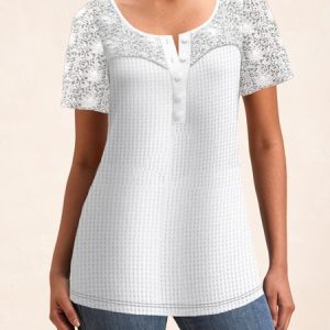Women Lace Crew Neck Short Sleeve Plain Regular Micro-Elasticity Loose Shirt, Blouses, color:White|size:XXL, Noracora