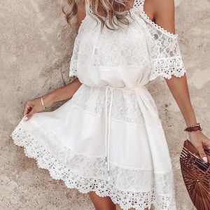Cold Shoulder Contrast Lace Casual Dress, Casual Dresses, chicme - Women's Fashion Online