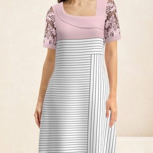 Women Striped Short Sleeve Comfy Casual Lace Short Dress, Dresses, color:Pink|size:XXL, Noracora