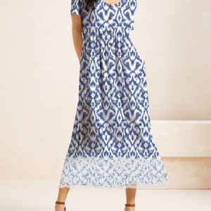 Women Abstract Lace Collar Short Sleeve Comfy Casual Lace Maxi Dress, Dresses, color:Blue|size:XXL, Noracora