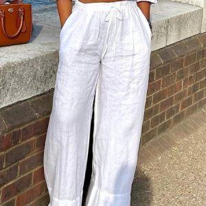 Vacation Plain Loose Long Wide leg Pants, Pants, color:White|size:XXL, Stylewe