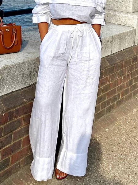 Vacation Plain Loose Long Wide leg Pants, Pants, color:White|size:XXL, Stylewe
