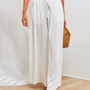 Plain Casual Wide Leg Shirred Waist Pant, Pants, color:White|size:XXL, Noracora