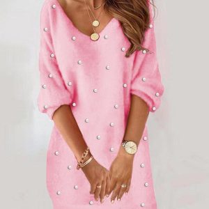 Pearls Decor V-Neck Half Sleeve Fuzzy Casual Dress, Casual Dresses, chicme - Women's Fashion Online