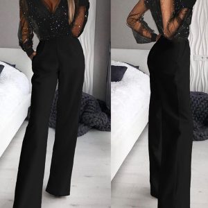 Glitter Contrast Mesh Straight Leg Jumpsuit, Jumpsuits, chicme - Women's Fashion Online