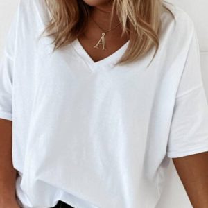 V Neck Half Sleeve Cotton T-shirt, T-shirts, color:White|size:3XL, Noracora