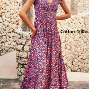 Women Geometric V Neck Cap Sleeve Comfy Boho Maxi Dress, Dresses, color:Multicolor|size:XXL, Noracora