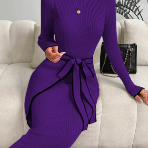 Tight Color Block Elegant Turtleneck Sweater Midi Dress With Belt, Midi Dresses, color:Purple|size:XXL, Stylewe