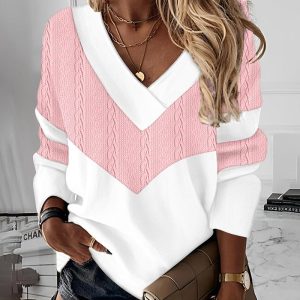 Colorblock Long Sleeve V-Neck Cable Textured Top, T-shirt & Tees, chicme - Women's Fashion Online