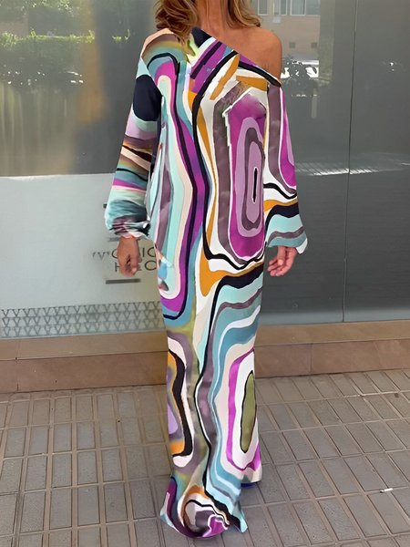 Abstract Stripes One Shoulder Casual Dress, Maxi Dresses, color:Multicolor|size:XXL, Stylewe