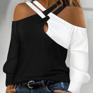 Colorblock Crisscross Cold Shoulder Top, T-shirt & Tees, chicme - Women's Fashion Online