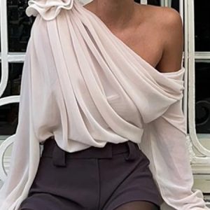 Asymmetrical Loose Plain Elegant Long Sleeve Shirt, Blouses and Shirts, color:Apricot|size:XXL, Stylewe