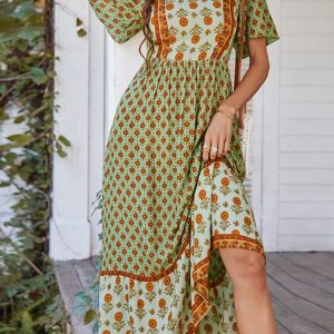 Women Floral Square Neck Short Sleeve Comfy Casual Maxi Dress, Dresses, color:Green|size:XL, Noracora