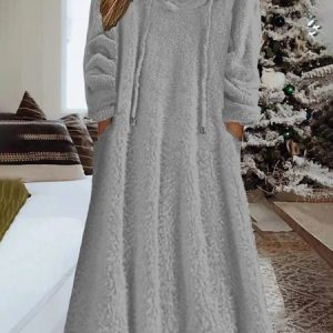 Women Plain Hoodie Long Sleeve Comfy Casual Maxi Dress, Dresses, color:Gray|size:3XL, Noracora