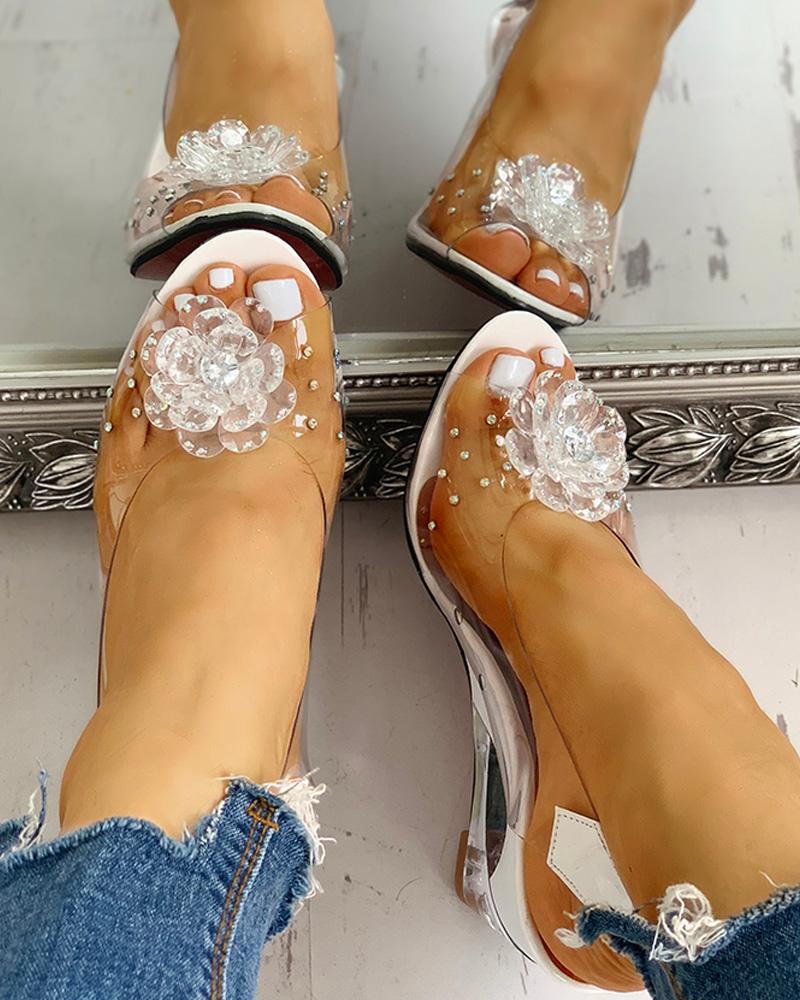 Rhinestone Flower Design Transparent Wedge Sandals, women Wedges Shoes, ChicMe catalog