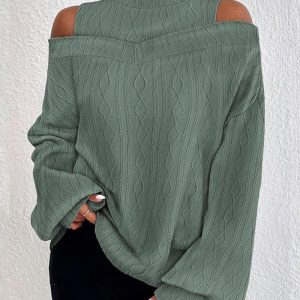 Lantern Sleeve Cold Shoulder Cable Textured Top, T-shirt & Tees, chicme - Women's Fashion Online