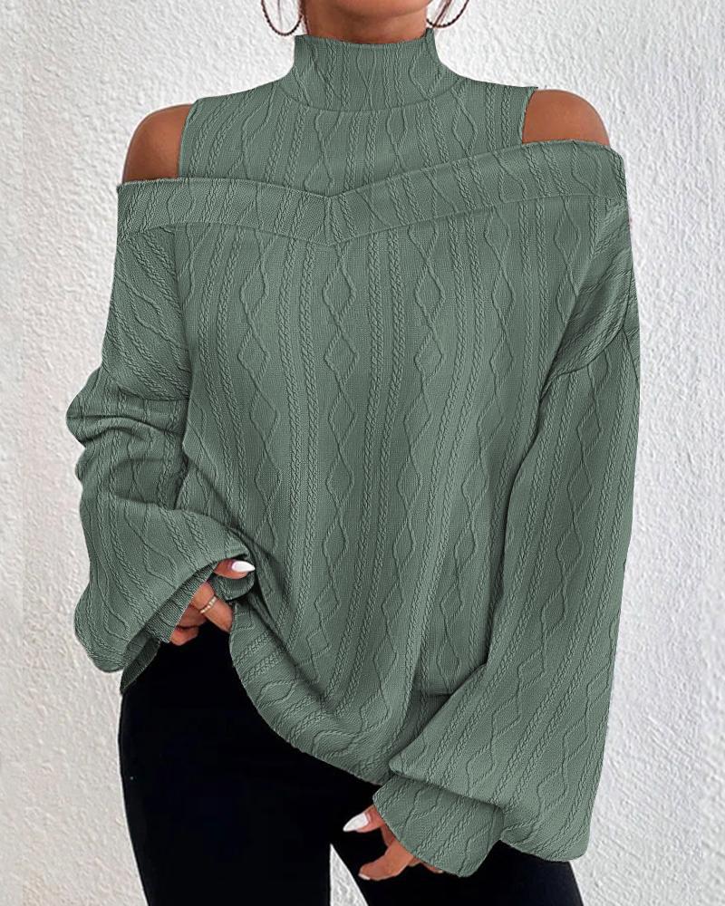 Lantern Sleeve Cold Shoulder Cable Textured Top, T-shirt & Tees, chicme - Women's Fashion Online