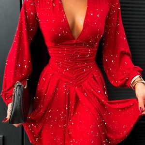 Glitter Ruched Lantern Sleeve Dress, Long Sleeves Dresses, chicme - Women's Fashion Online