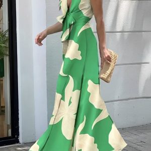 Regular Fit Vacation Floral Sleeveless Maxi Dress, Maxi Dresses, color:Green|size:XXL, Stylewe