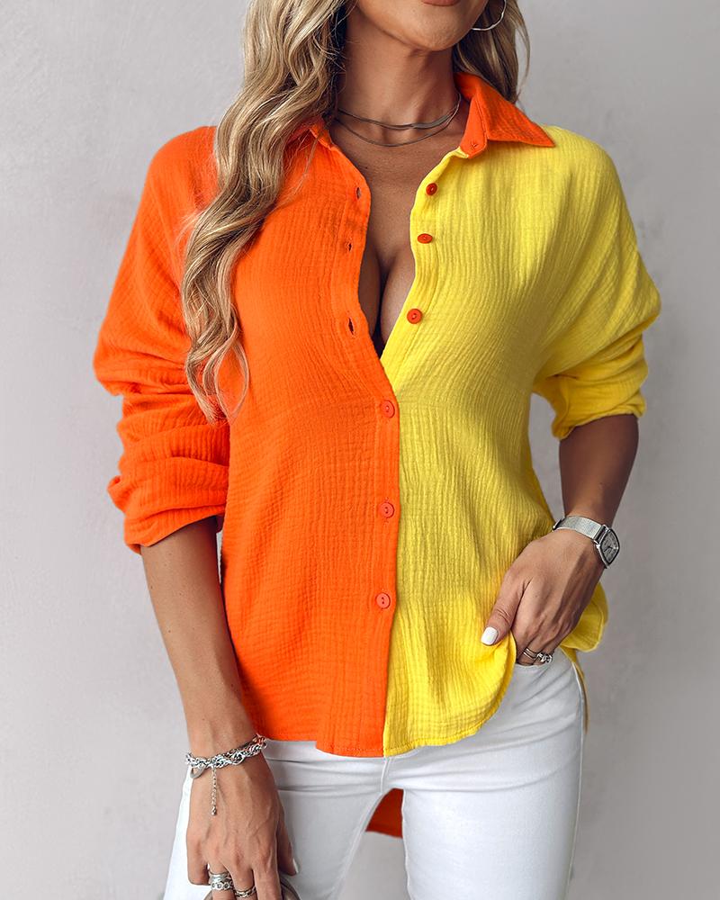 Colorblock Buttoned Long Sleeve Top, Blouses & Shirts, chicme - Women's Fashion Online