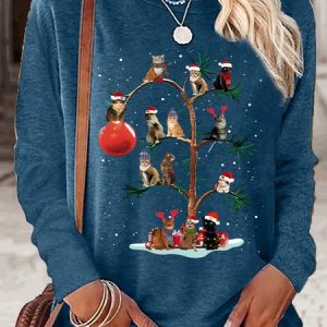 Crew Neck Long Sleeve Text Letters Regular Micro-Elasticity Regular Fit Shirt For Women, Blouses, color:Blue|size:3XL, Noracora
